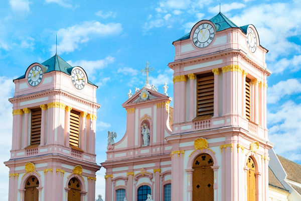Pink Baroque Church with Twin Towers