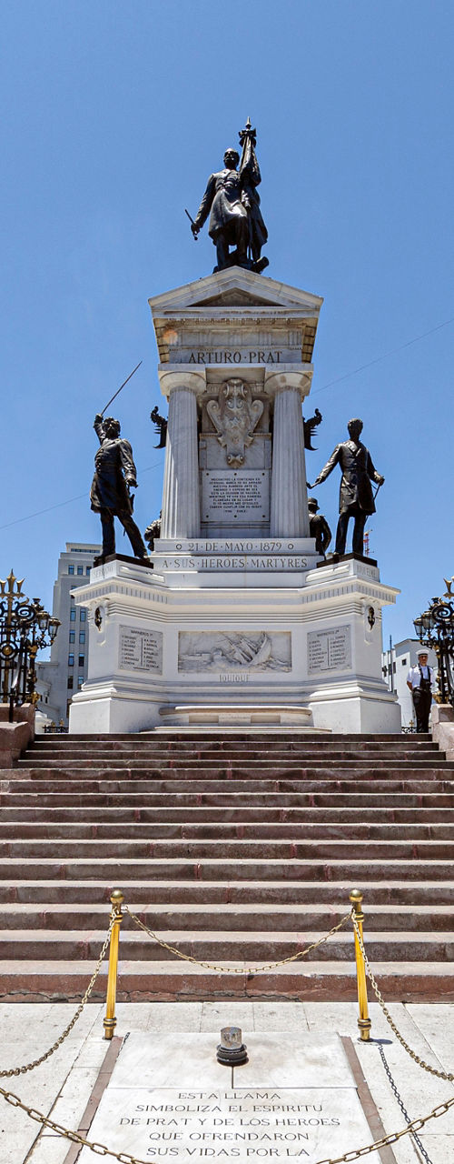 Historic monument in urban plaza setting