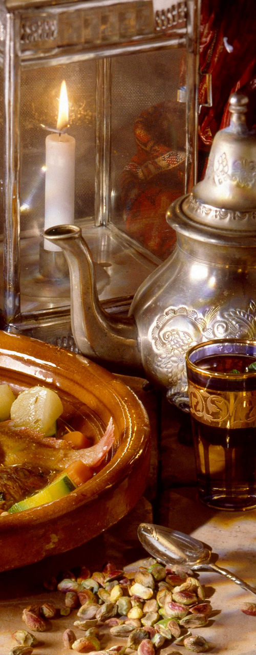Traditional Moroccan tagine with tea setup