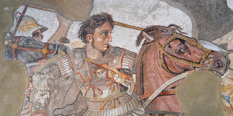 Ancient mosaic of armored horseman in battle