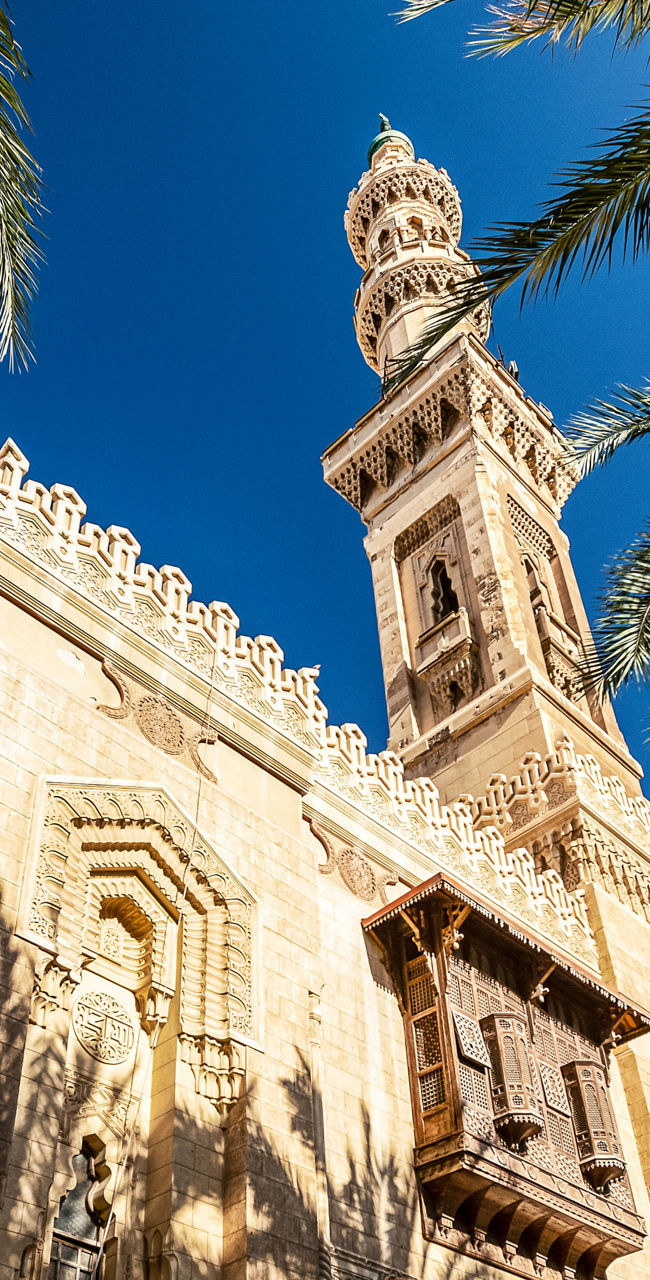 Historic mosque with palm trees under blue sky