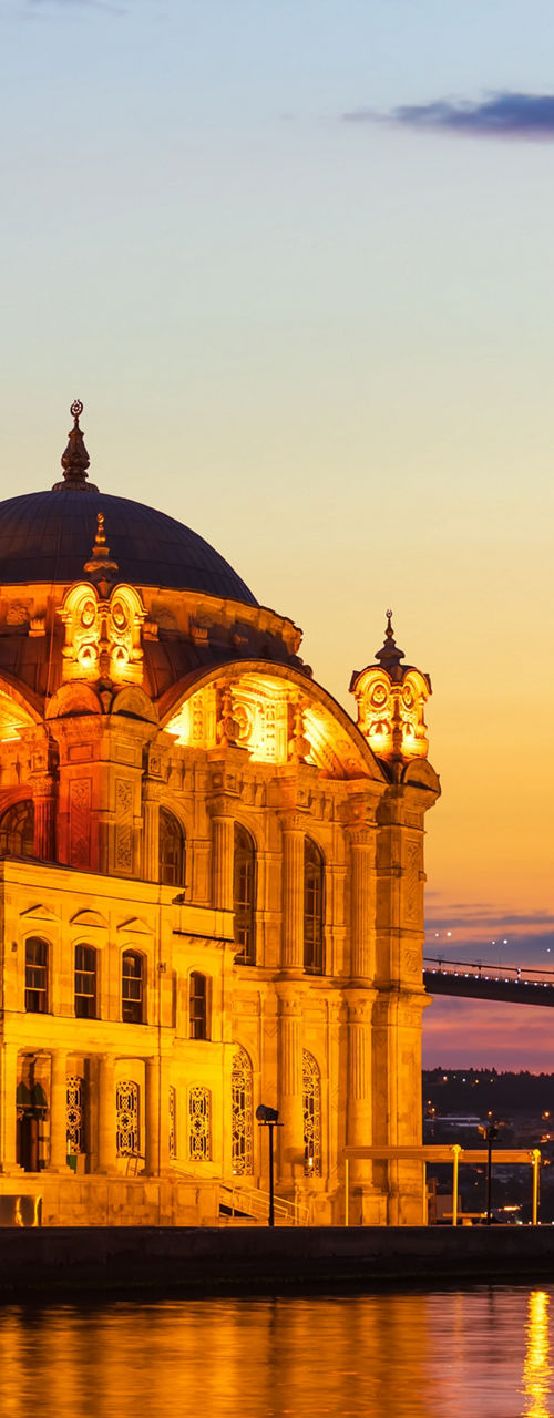 Ortaköy Mosque at sunset with Bosphorus Bridge