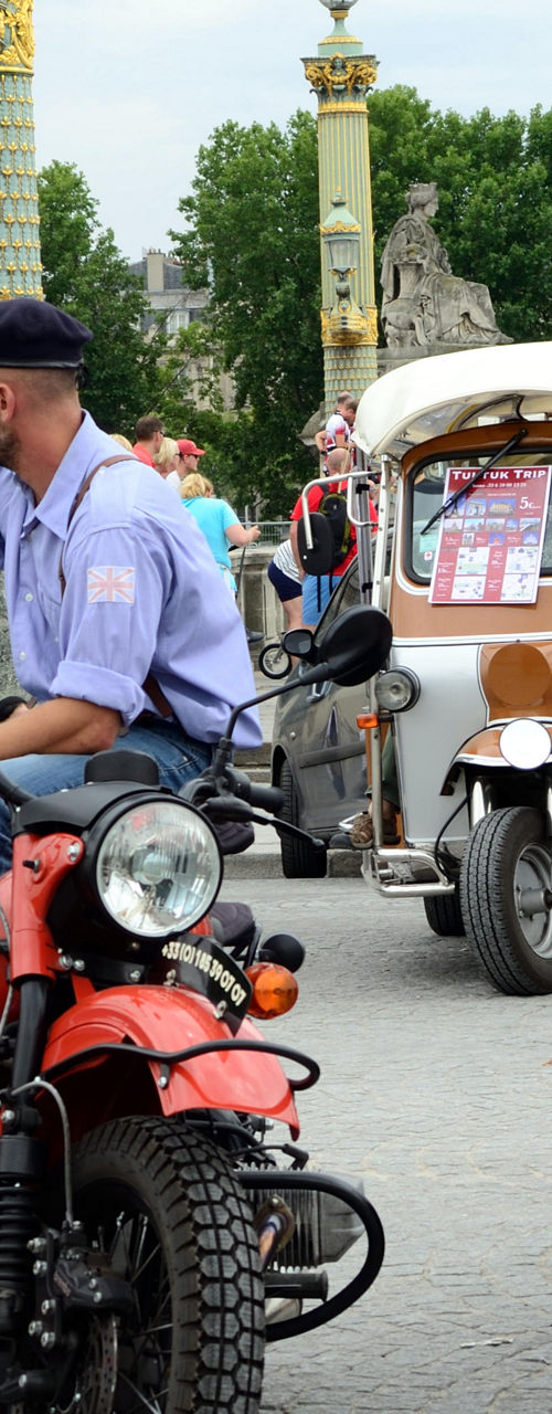 Vintage sidecar motorcycles in urban setting