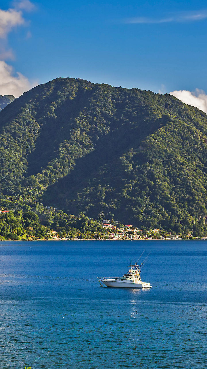 Scenic coastal view with lush mountains