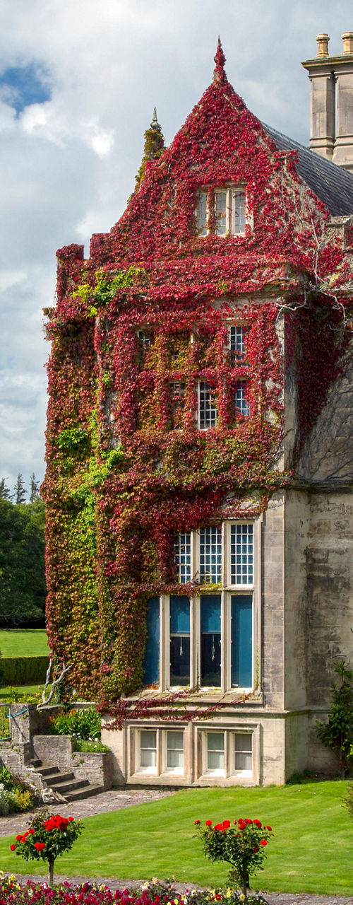 Historic mansion with vibrant garden view