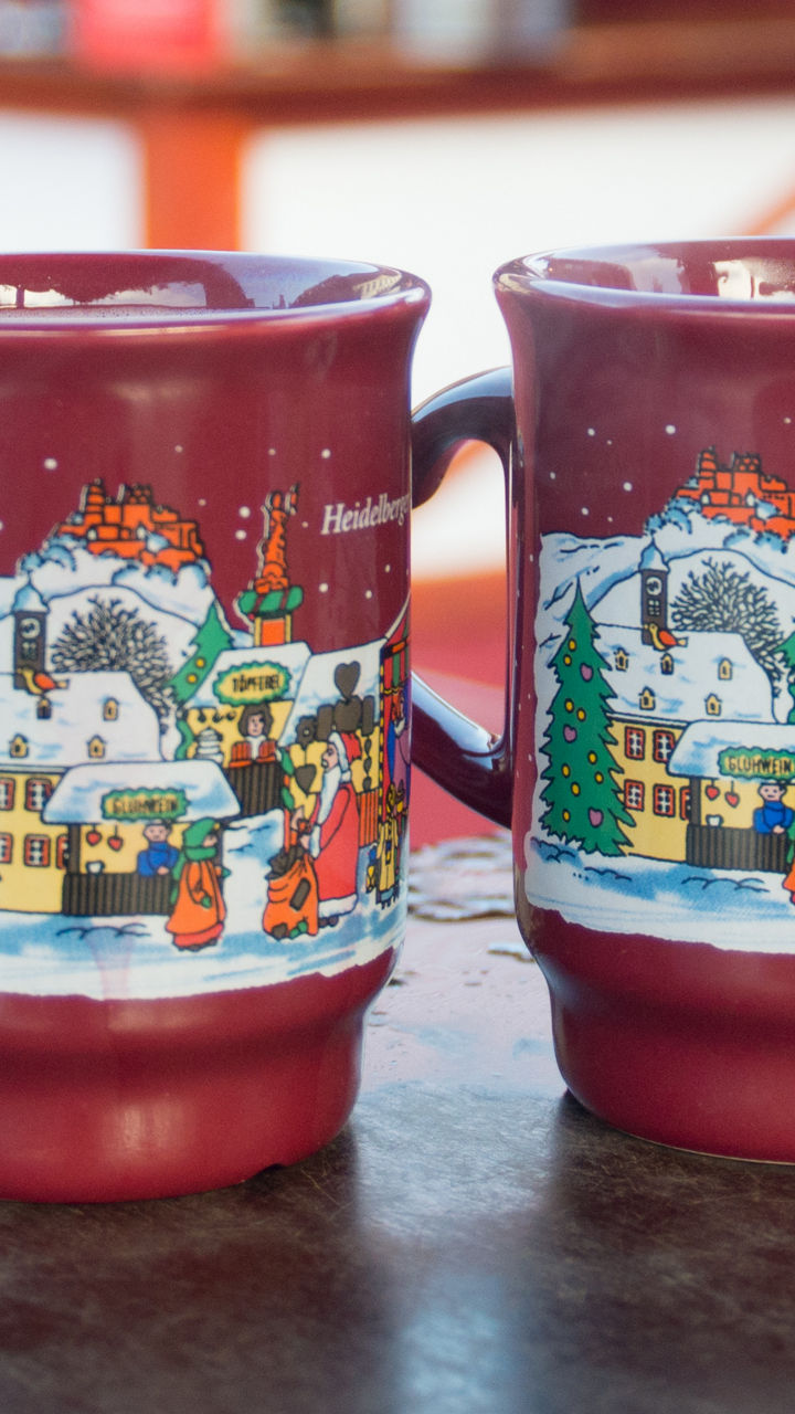 Festive mugs at Christmas market stall