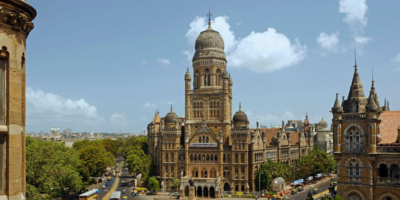 Historic building in bustling Mumbai cityscape