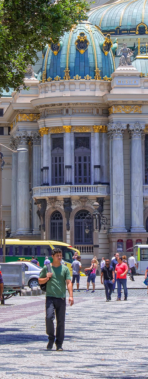 Historic theater in bustling city square