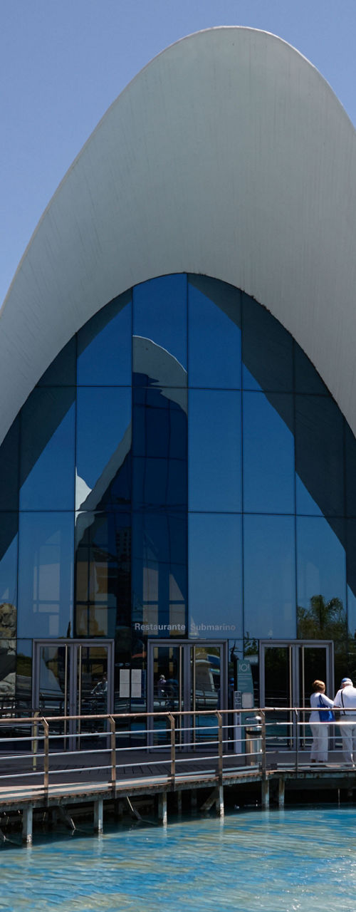 Modern architectural building with water feature