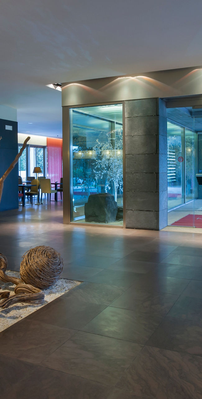 Modern hotel lobby with artistic decor