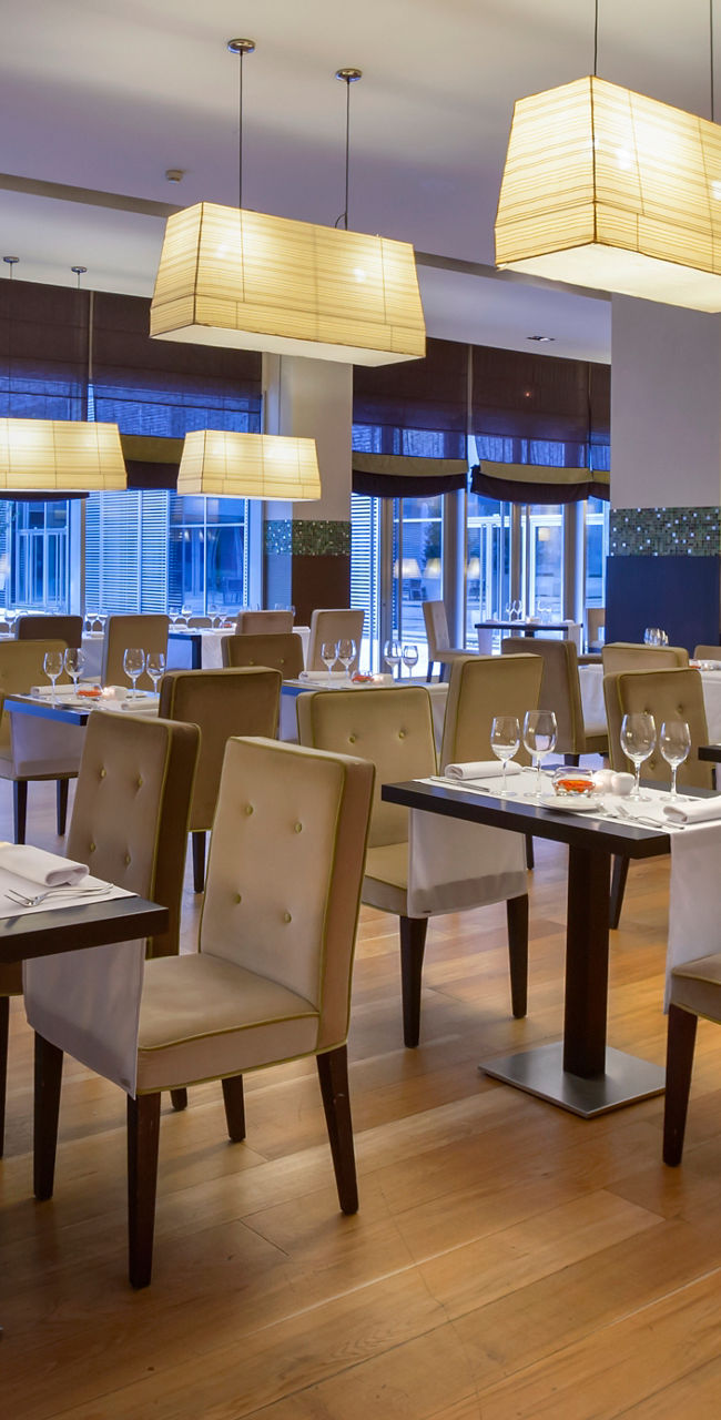 Modern restaurant interior with elegant lighting