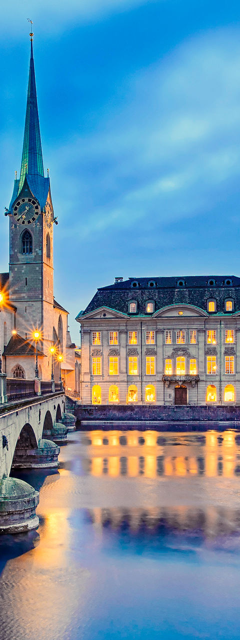Scenic view of Zurich city at dusk