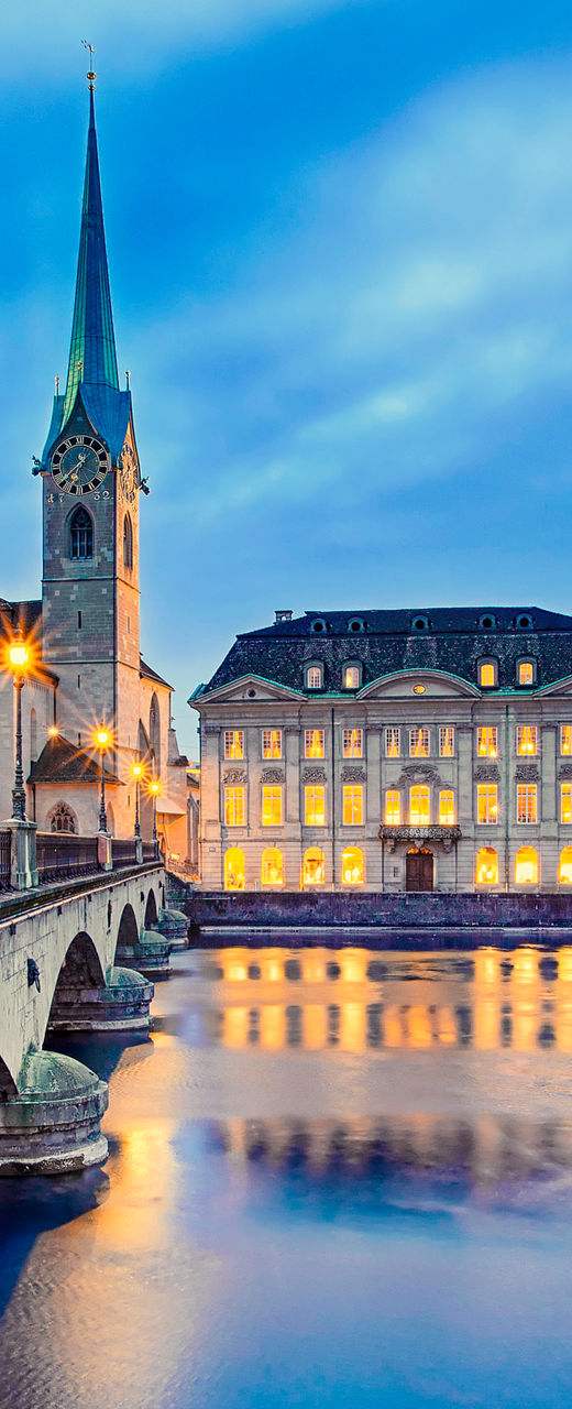 Scenic view of Zurich city at dusk