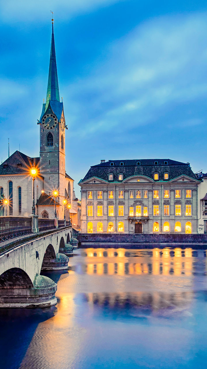 Scenic view of Zurich city at dusk