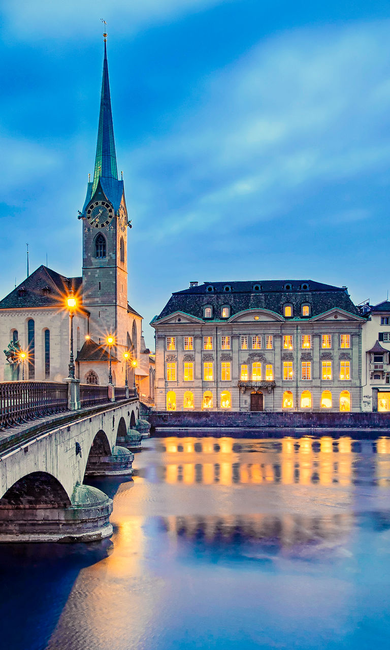 Scenic view of Zurich city at dusk