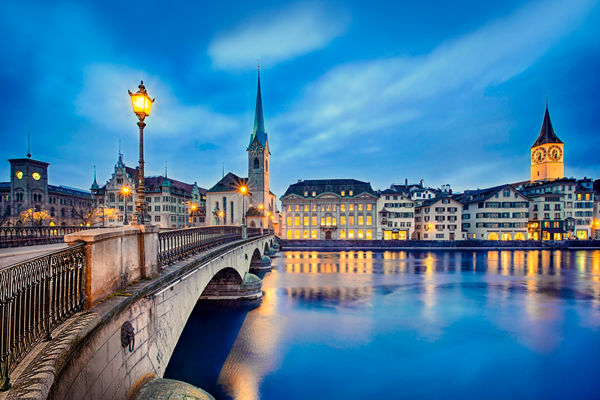 Scenic view of Zurich city at dusk