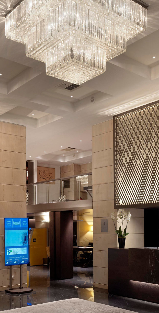 Elegant hotel lobby with chandeliers