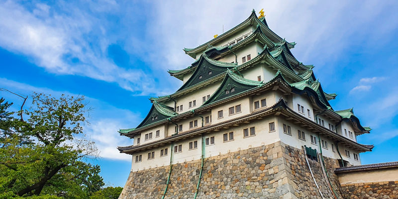 Traditional Japanese castle with stone foundation