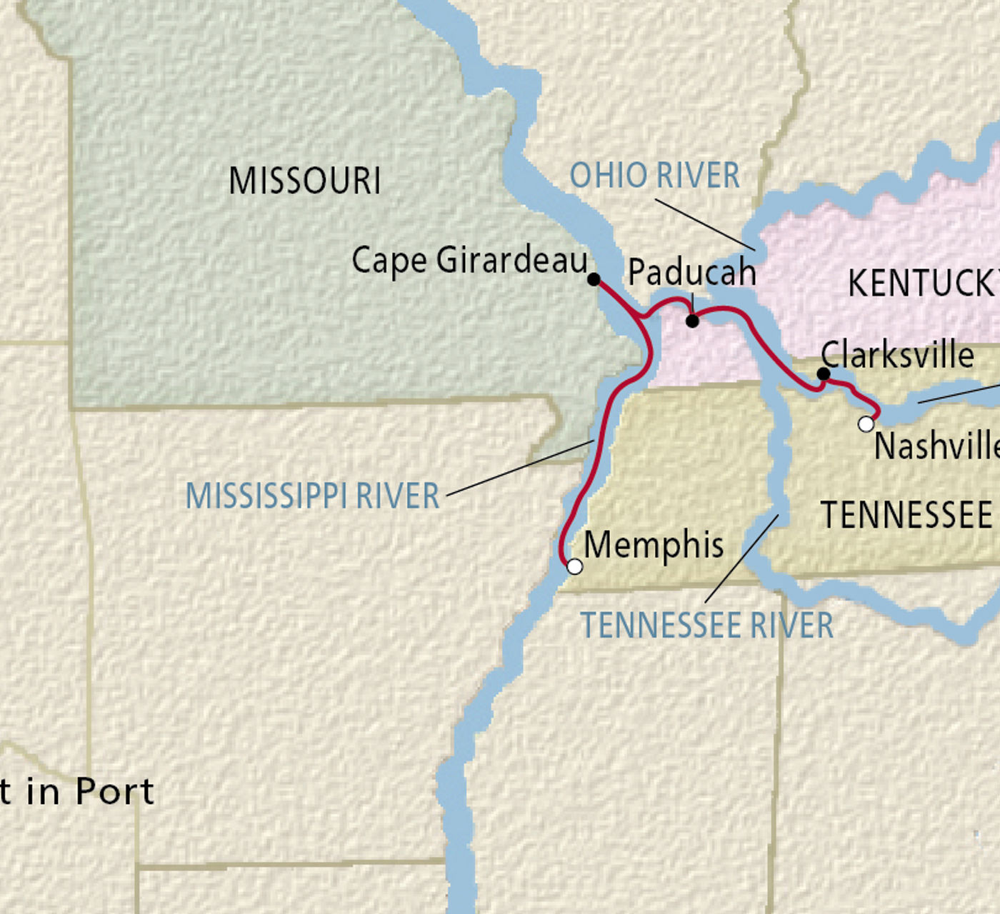 Map of Nashville, Memphis & the Cumberland itinerary