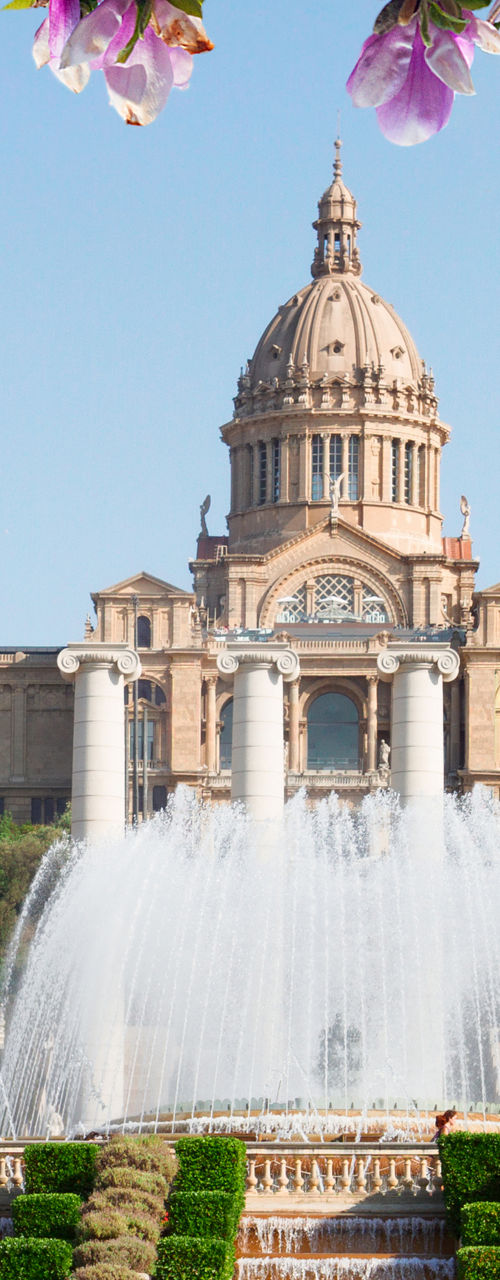 Historic fountain with blooming flowers