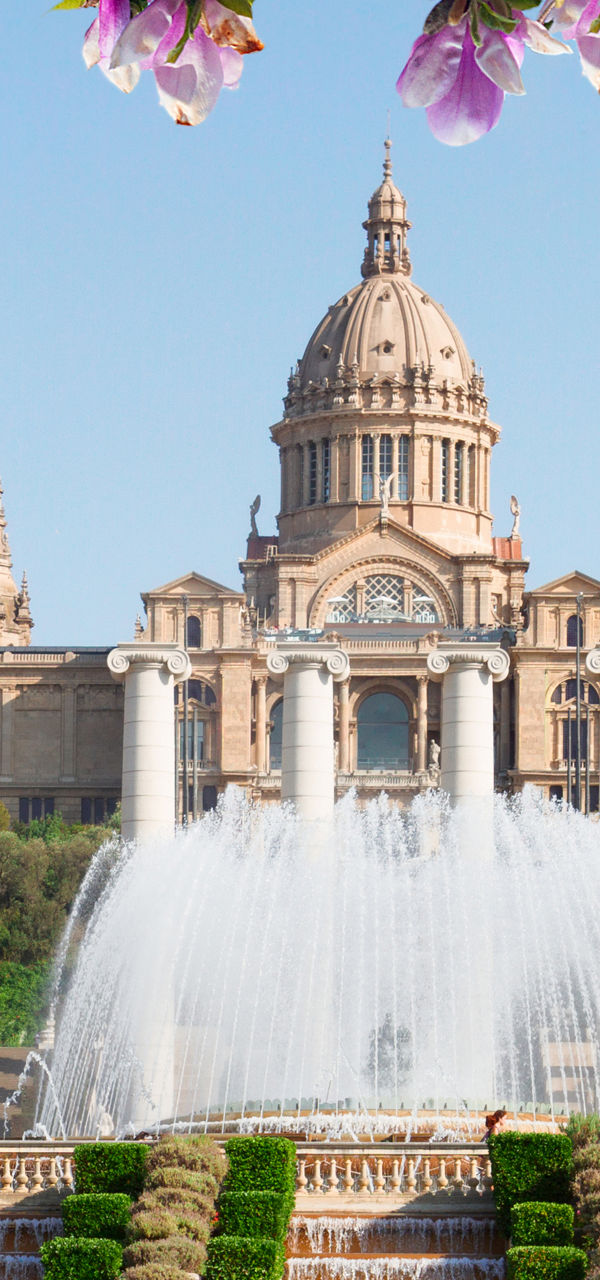 Historic fountain with blooming flowers