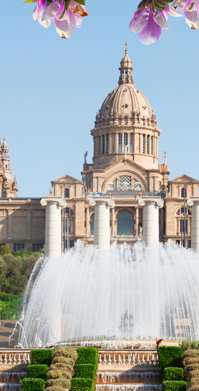Historic fountain with blooming flowers