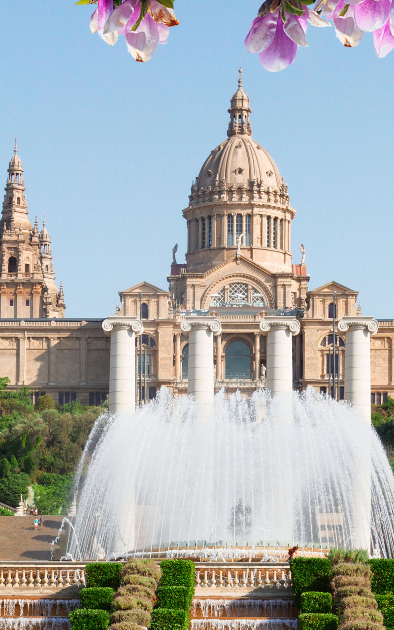 Historic fountain with blooming flowers