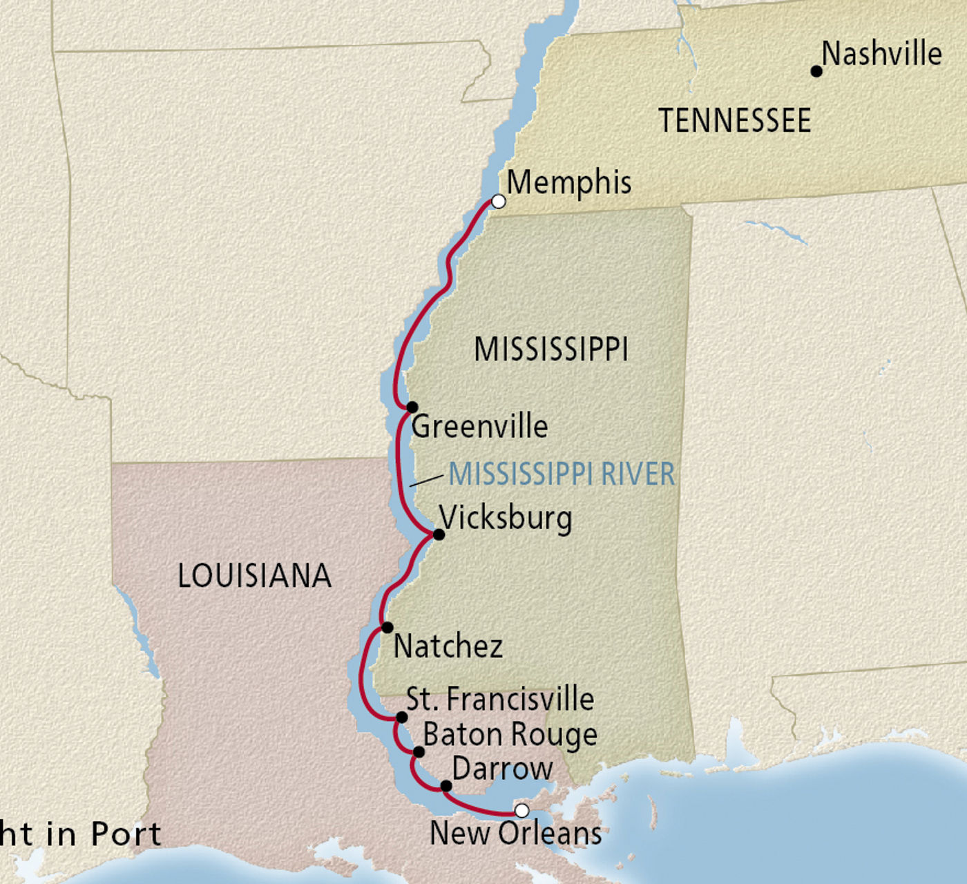 Map of New Orleans to Memphis itinerary