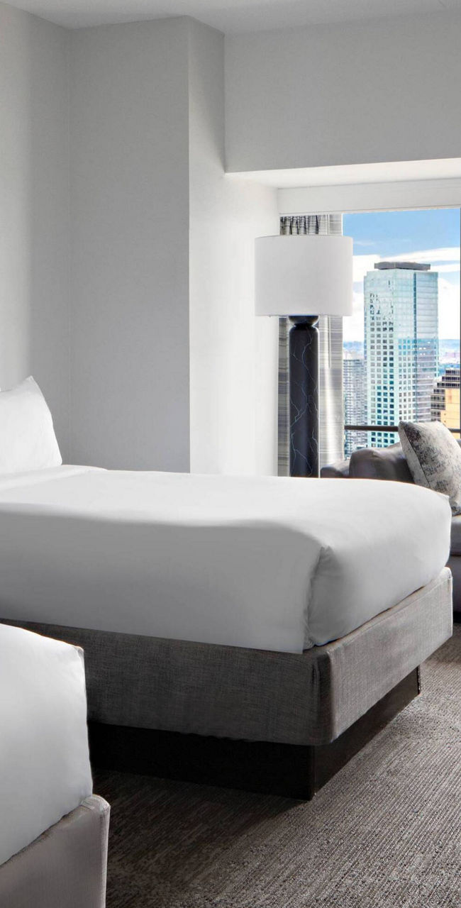 Modern hotel room with city view