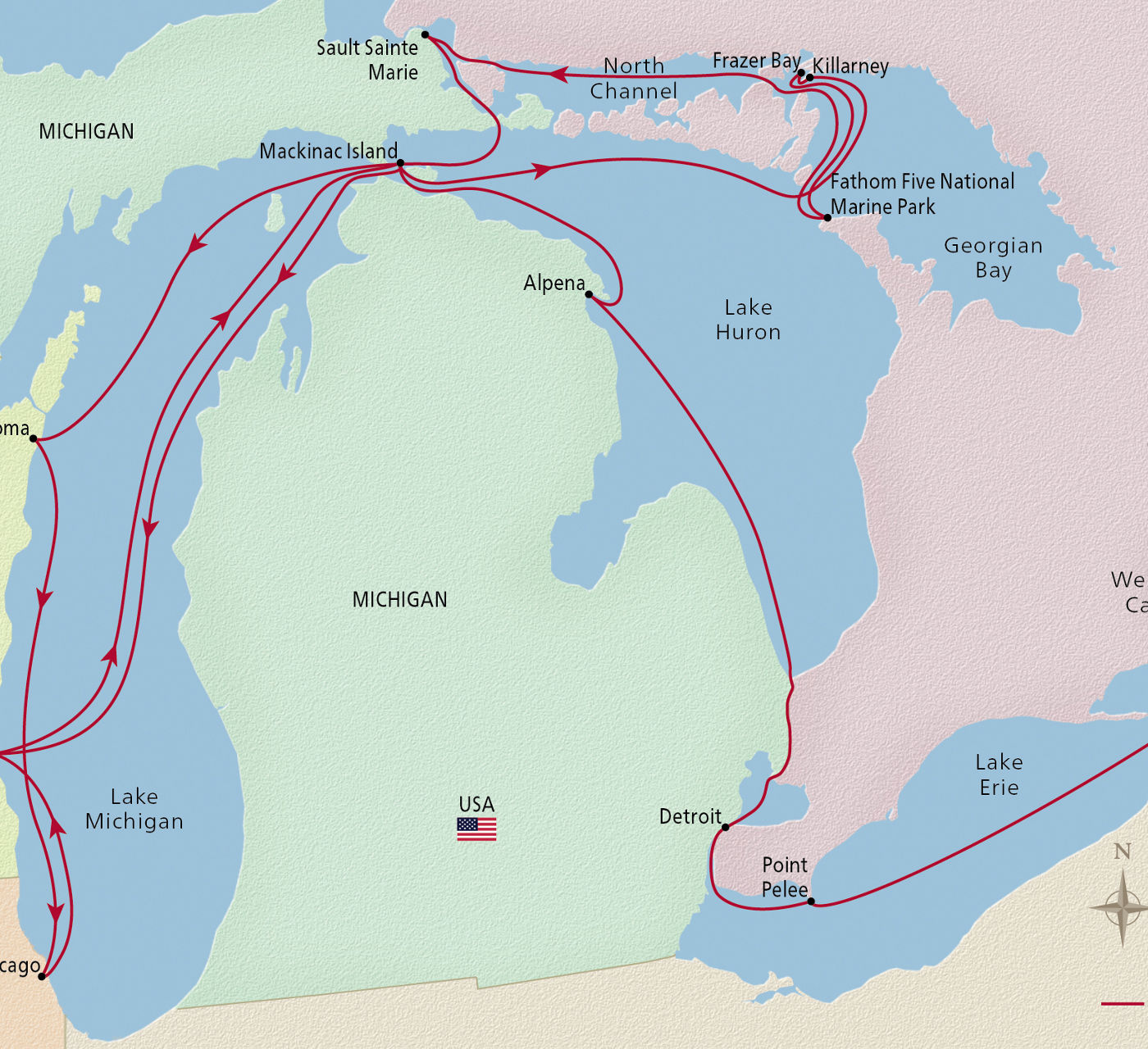 Map of Niagara & Great Lakes Treasures itinerary