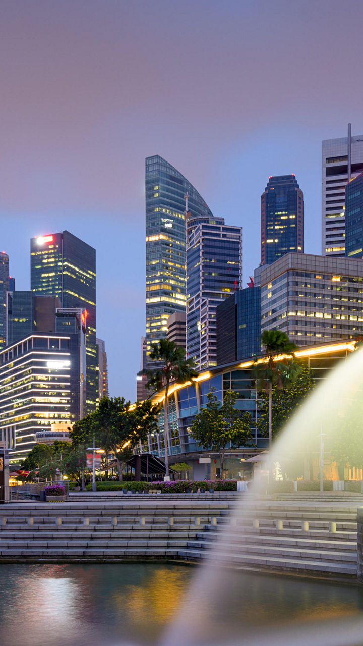 Singapore skyline with Merlion fountain at dusk