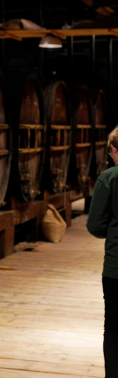 Two women walking in wine cellar