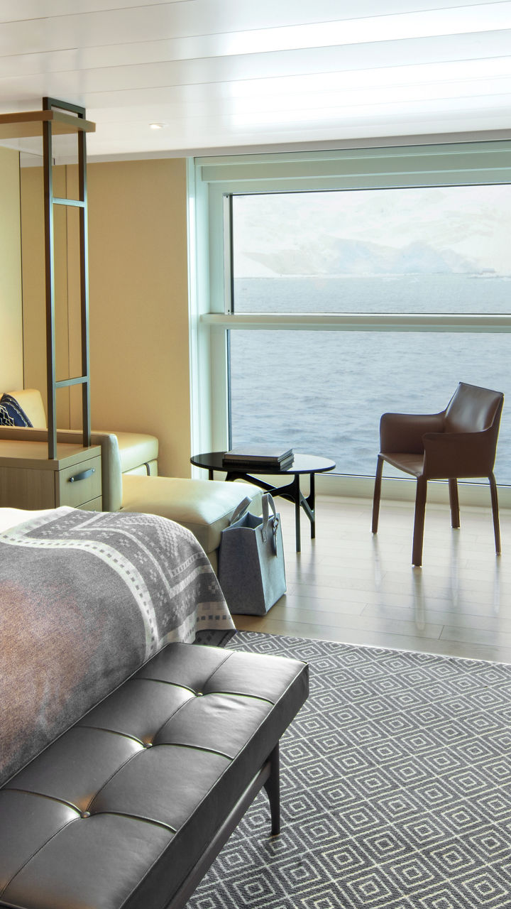 Modern hotel room with ocean view