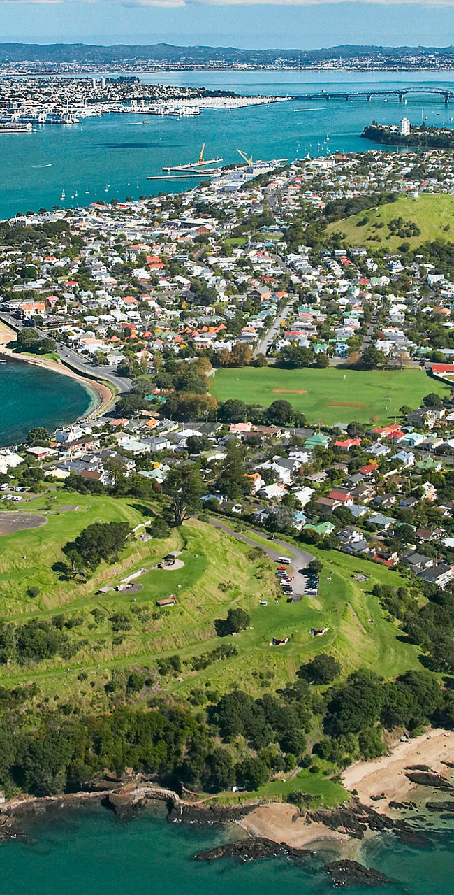 Aerial view of Auckland and coastal landscape