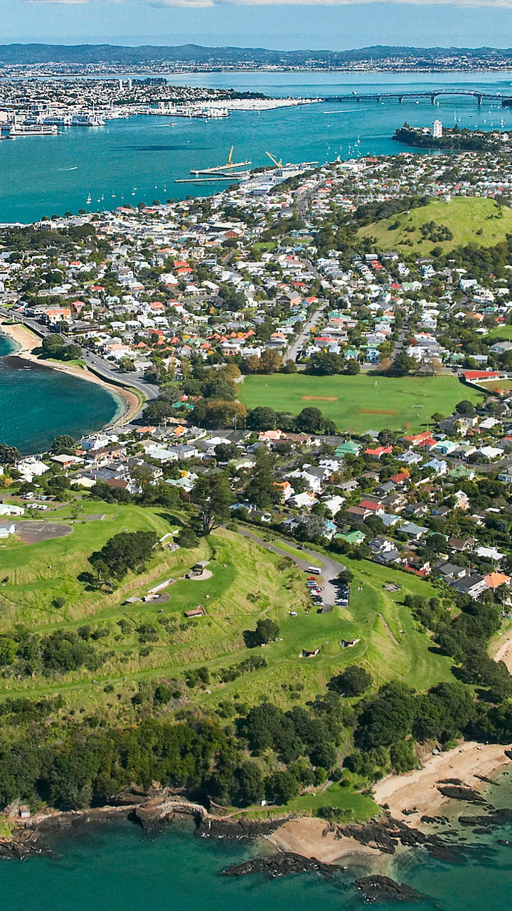 Aerial view of Auckland and coastal landscape