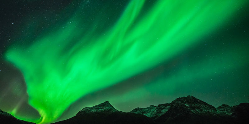Vivid green aurora over snowy mountain fjord