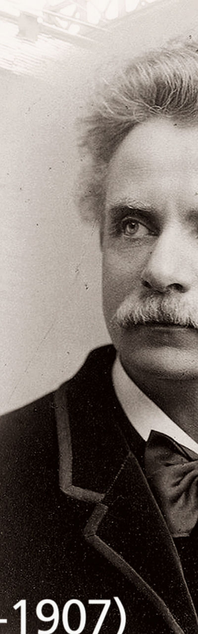 Edvard Grieg historical portrait with house