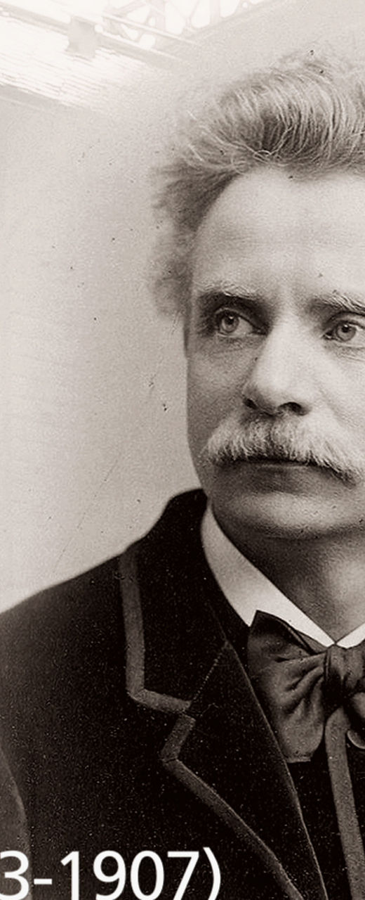 Edvard Grieg historical portrait with house