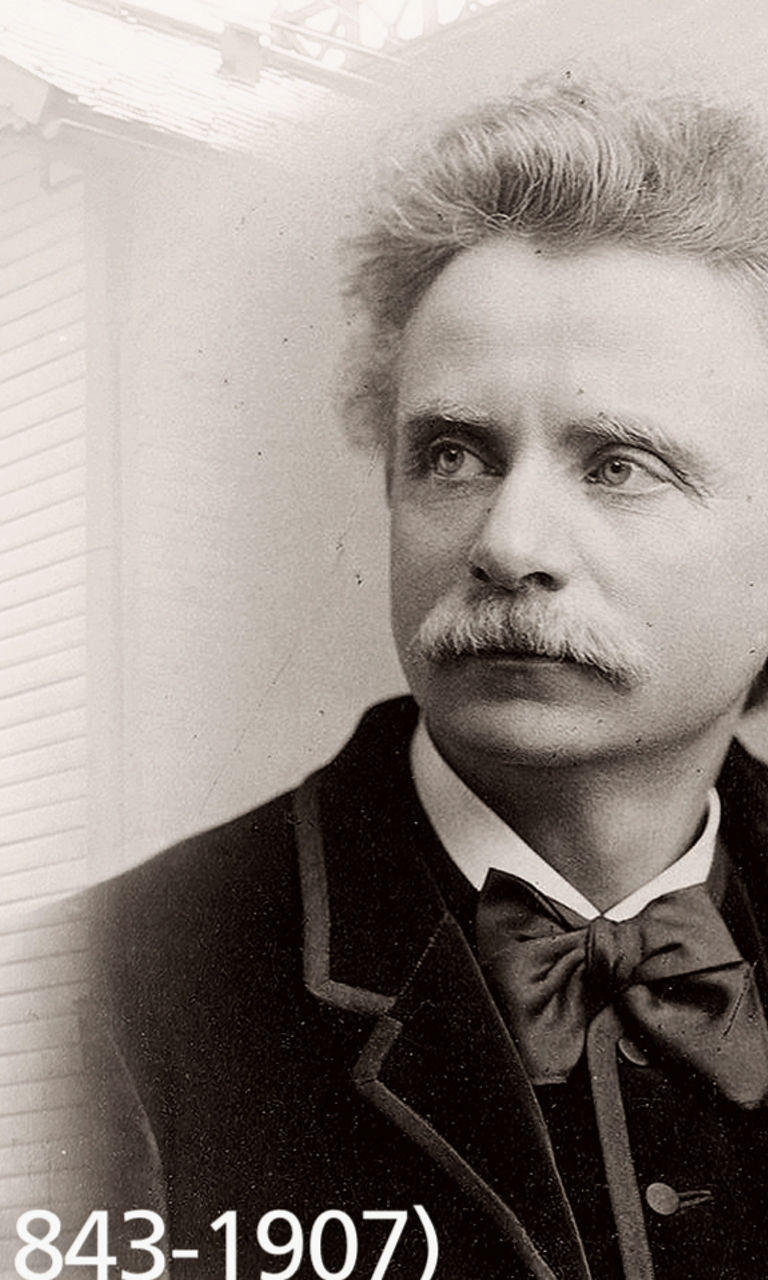 Edvard Grieg historical portrait with house
