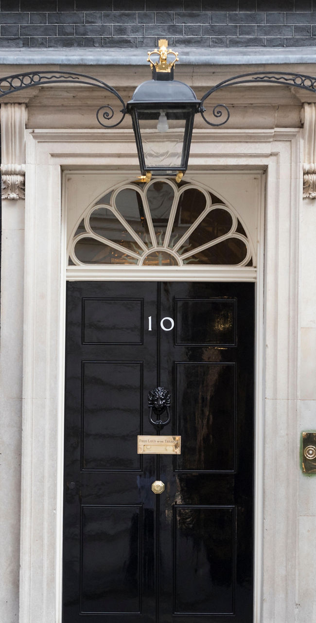 Iconic black door of 10 Downing Street