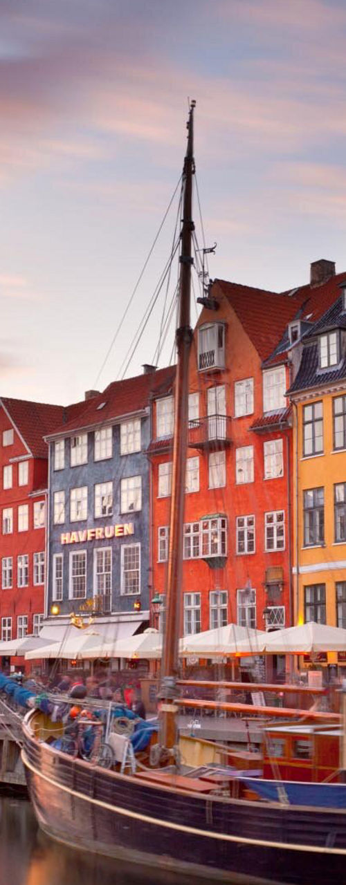 Colorful waterfront in Copenhagen at sunset