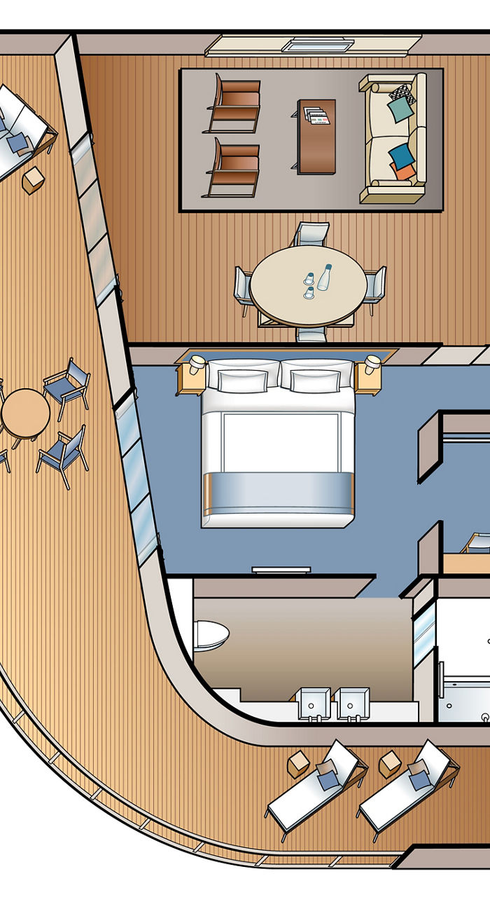 luxury cabin layout with modern amenities