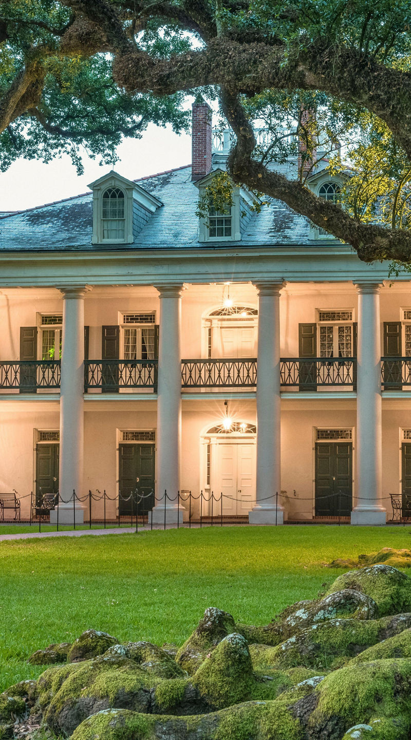 Historic mansion surrounded by oak trees