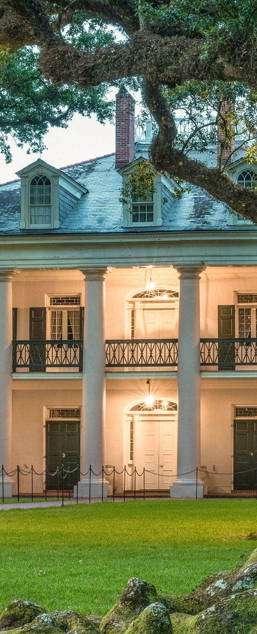 Historic mansion surrounded by oak trees
