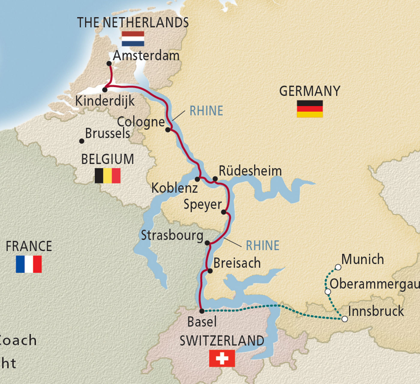 Map of Oberammergau, Innsbruck & the Rhine itinerary