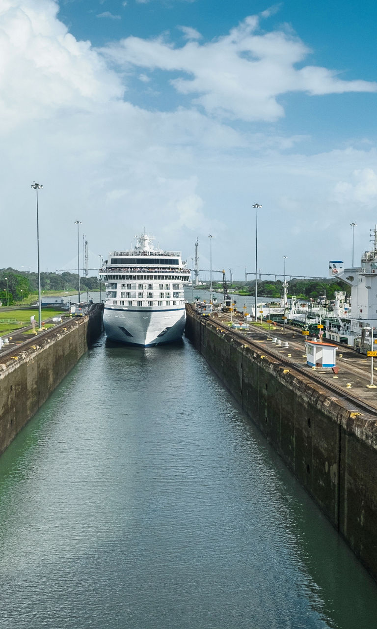 Cruise ship passing through Panama Canal locks