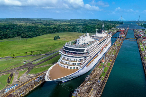 Cruise ship passing through Panama Canal locks