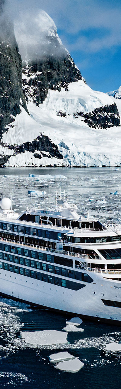 Luxury cruise ship in icy Antarctic waters