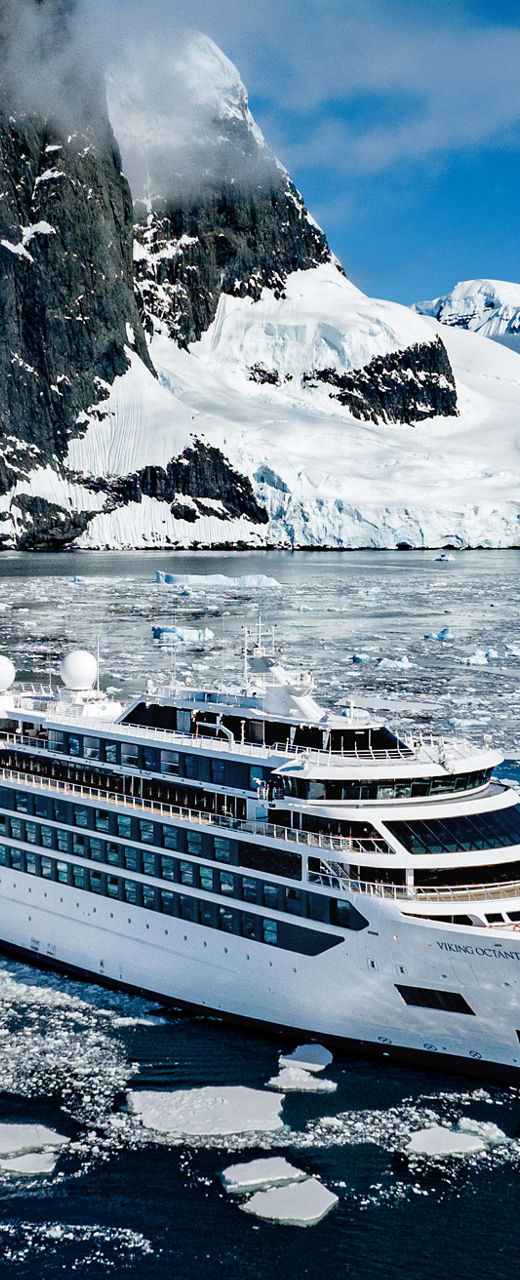Luxury cruise ship in icy Antarctic waters