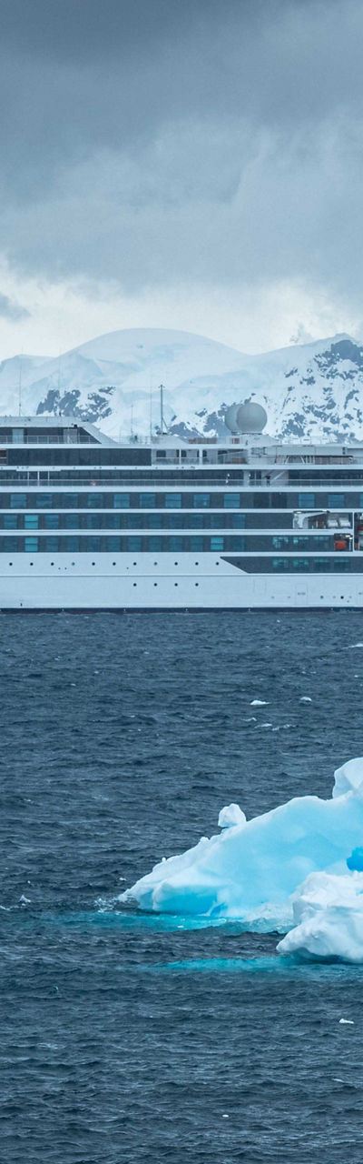 Luxury cruise ship in icy Antarctic waters